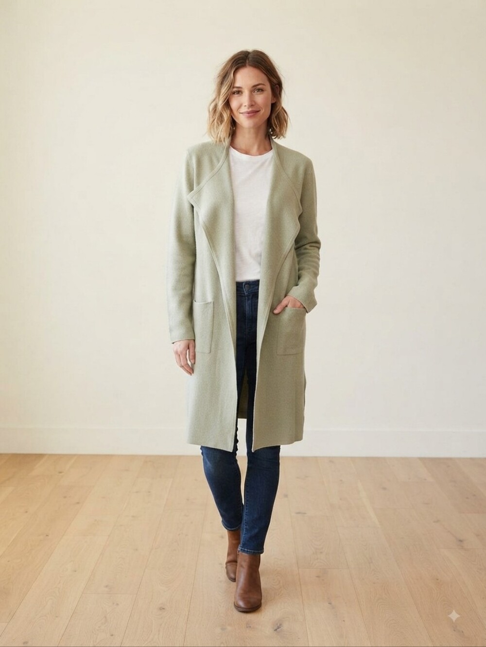 Longline Open-Front Cardigan Sweater - Sage Green